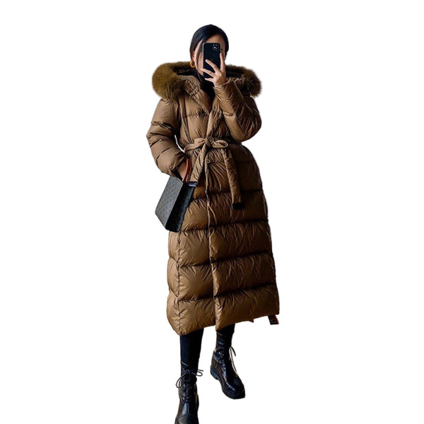 Brown Winter Arctic Luxe 600-Down Ladies Long Puffer Coat  Quilted Elegance with Faux-Fur Hood