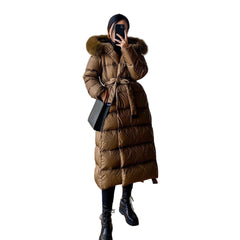 Brown Winter Arctic Luxe 600-Down Ladies Long Puffer Coat  Quilted Elegance with Faux-Fur Hood
