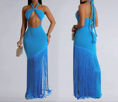 Blue Women's Twist Knot Strapless High Waist Tassel Maxi Dress Elegant Temperament