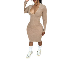 Chic Striped V-Neck Bodycon Dress Long Sleeve Casual Elegance