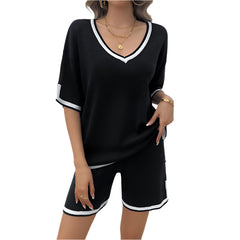 Black Women's Cozy Chic V-Neck Sweater Short Set Casual Loose Fit Lounge Outfit