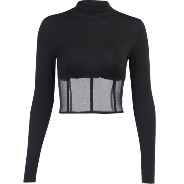 Black Mesh Patchwork Corset Top Sexy Clubwear for Women