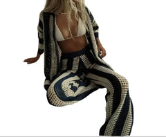 Chic Vibe Women's Knitted Striped Lounge Set – V-Neck Hollow Top & Wide Leg Pants