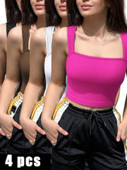 4-Pack Women’s Square Neck Sports Bra Longline Tank Tops with Built-In Bra for Yoga, Workout & Everyday Wear