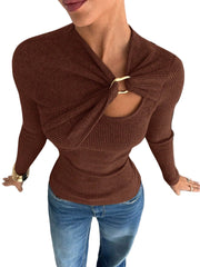 Brown Women’s Asymmetrical Long-Sleeve Slim Fit Top