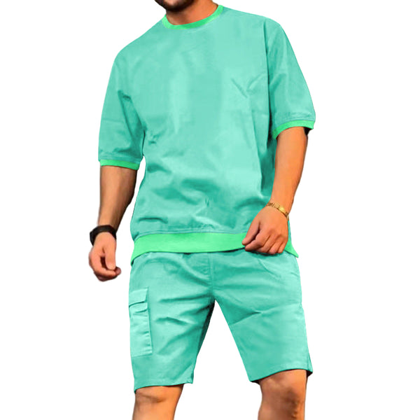 Men's Casual Round Neck Top & Multi-Pocket Shorts