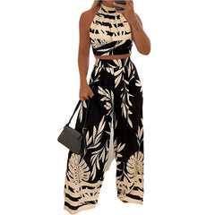 Women's Sleeveless Lined Tropical Pant Set Vacation Night Outfit
