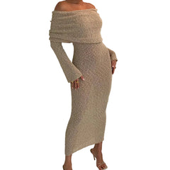 Beige Women’s One-Shoulder Long Sleeve Sweater Maxi Dress