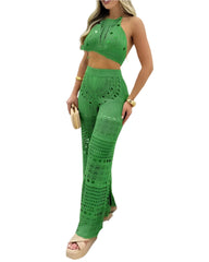 Green Crossover Halter Knit Crop Top Vacation Outfit Two-Piece Loungewear