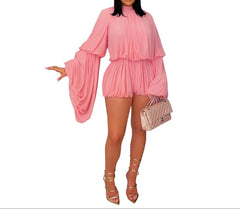 Mother's Day Pink Pleated Long Sleeve Romper Women’s Chic Style