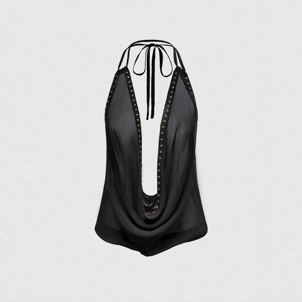 Back Women's Tiana Studded Cowl Neck Halter Top Slim Fit Solid Color Tank Top