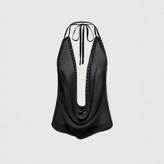 Back Women's Tiana Studded Cowl Neck Halter Top Slim Fit Solid Color Tank Top