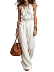 White Women's Halter Neck Jumpsuit Wide Leg Pants Elegant Sleeveless One-Piece Outfit