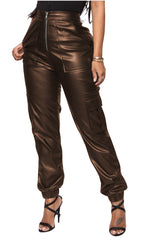 Women's Brown Fashionable Maven Leather Pants Overalls