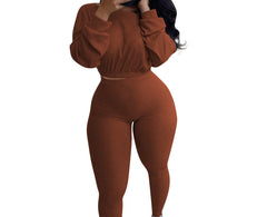 Brown  Women's Trendy Crop Top Activewear Pant Set
