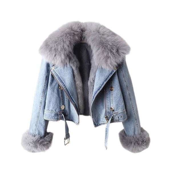 Plus Size Light Blue Women’s Moscow Denim Faux Fur Hooded Bomber Coat