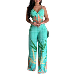 Women's Summe Vacation Breezy Chic Linen V-Neck Pant Set 