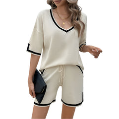 White Women's Cozy Chic V-Neck Sweater Short Set Casual Loose Fit Lounge Outfit