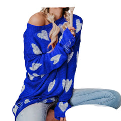 Blue Women’s Plus Size Heart Knit Distressed Sweater Long Sleeve Pullover