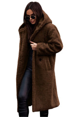 Brown Women's Long Hooded Faux Sheep Wool Coat - Warm & Stylish Winter 