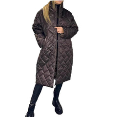 Plus Size Brown Women's Diamond Quilted Puffer Coat Packable Long Jacket