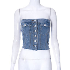 Trendy Tatter Denim Button Tube Top