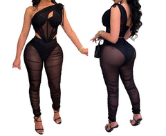 Black Miami New Years Eve Ruffle Mesh Two-Piece Clubwear Set – Cut-Out Crop Tank Top & Flare Pants