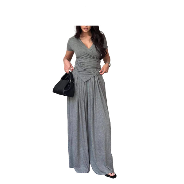 Plus Size Gray Women's Casual Two-Piece Lounge Set Top & Full-Length Pants 