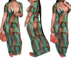 Sheer Floral Mesh Bikini Cover Up Maxi Dress  Beach Swimsuit Dress