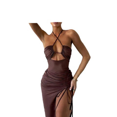 Brown Sexy Halter neck Lace-Up Split Summer Dress  Party & Beach for Women