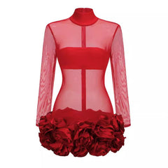 Women's Red Mock Neck Long Sleeve Sheer Mini Dress Elegant & Sexy Party Wear