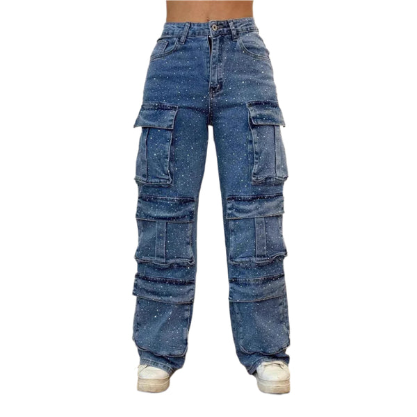 Blue Women's Casual Jeans With Pockets And Rhinestone Pants