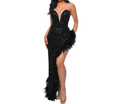 Women's Strapless Backless Sequin Slit Dress