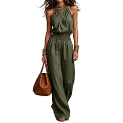 Olive Green Plus Size Women's Halter Neck Jumpsuit Wide Leg Pants Elegant Sleeveless One-Piece Outfit