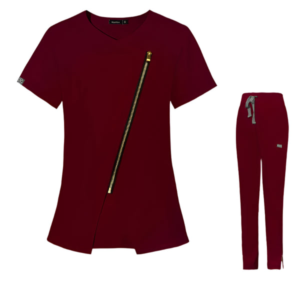 Burgundy Sydney Spring Women's Medical Scrub Set - Short Sleeve Zipper Top & Nurse Pant, Comfortable & Stylish for Healthcare Professionals
