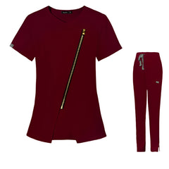 Burgundy Sydney Spring Women's Medical Scrub Set - Short Sleeve Zipper Top & Nurse Pant, Comfortable & Stylish for Healthcare Professionals