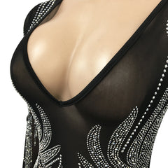 Sparkling Mesh Long-sleeved Split Dress – Perfect Diamond-studded New Year's Gown