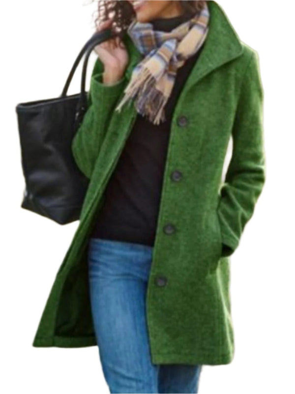 Green Women's Medium Length Wool Peacoat Classic Winter Coat with Double Breasted Design