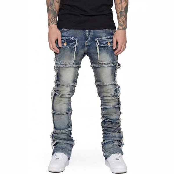 Blue Men's Stacked Dark Vintage Wash Straight Leg Jeans Premium Denim Style