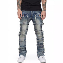 Blue Men's Stacked Dark Vintage Wash Straight Leg Jeans Premium Denim Style