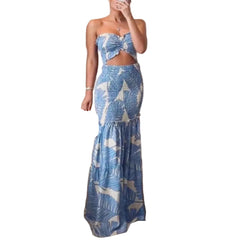 Blue Floral Print Women's Printed Patchwork Maxi Dress Sleeveless Elegant Strap Dress for Work, Casual & Summer Wear
