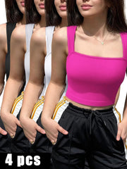 4-Pack Women’s Square Neck Sports Bra Longline Tank Tops with Built-In Bra for Yoga, Workout & Everyday Wear