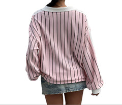 Women's Sporty Oversized Striped Knit Tee  Slubby Cotton Graphic Number T-Shirt