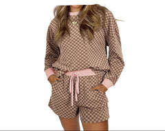 Beige Cozy Women’s Two-Piece Loungewear Houndstooth Print Short Set