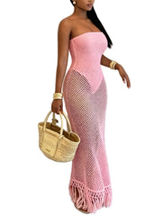Pink Resort-Style Hollow-Out Women's Knitted Dress – Elegant Beach Vacation Cover-Up