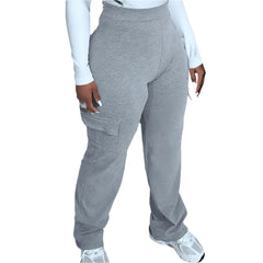 Gray Women's Plus Size  High Waisted Wide Leg Cargo Pants , Casual Streetwear Trousers