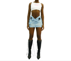 Women's Pleated Denim Skirt V-Waist Workwear Style with Buckle & Pockets