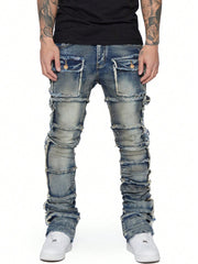 Blue Men's Stacked Dark Vintage Wash Straight Leg Jeans Premium Denim Style