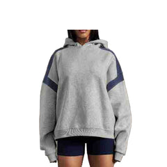 Back to School Gray Women's Oversized Fleece Lounge Hoodie – Contrast Stripe Pullover Sweatshirt