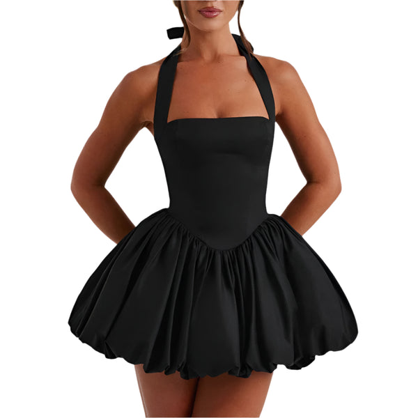 Black Princess Graduation Dress – Waist-Tight Puffy Bubble Hem Halter 